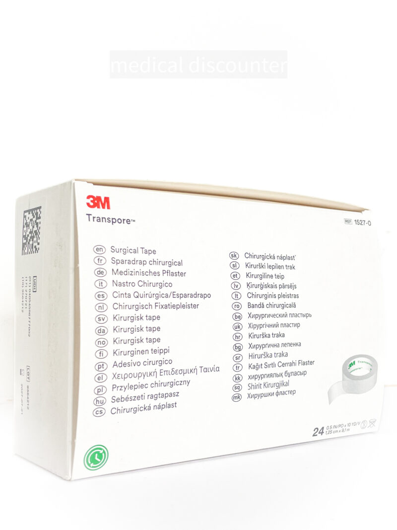3M™ Transpore™ Medical Adhesive Plaster, 1527-0, 1,25 cm x 9,1 m, 24 pièces/boîte.